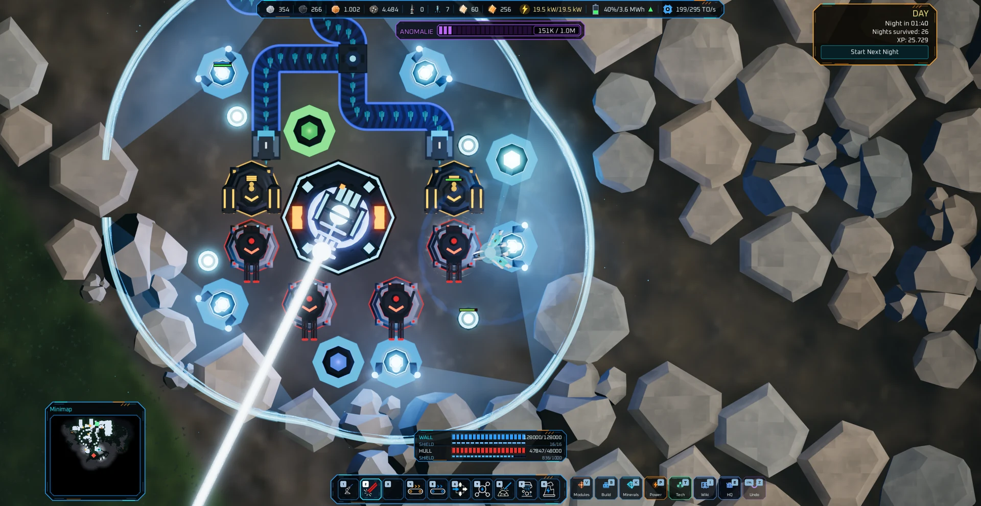 A shielded outpost surrounded by rocks, conveyors, and defensive towers